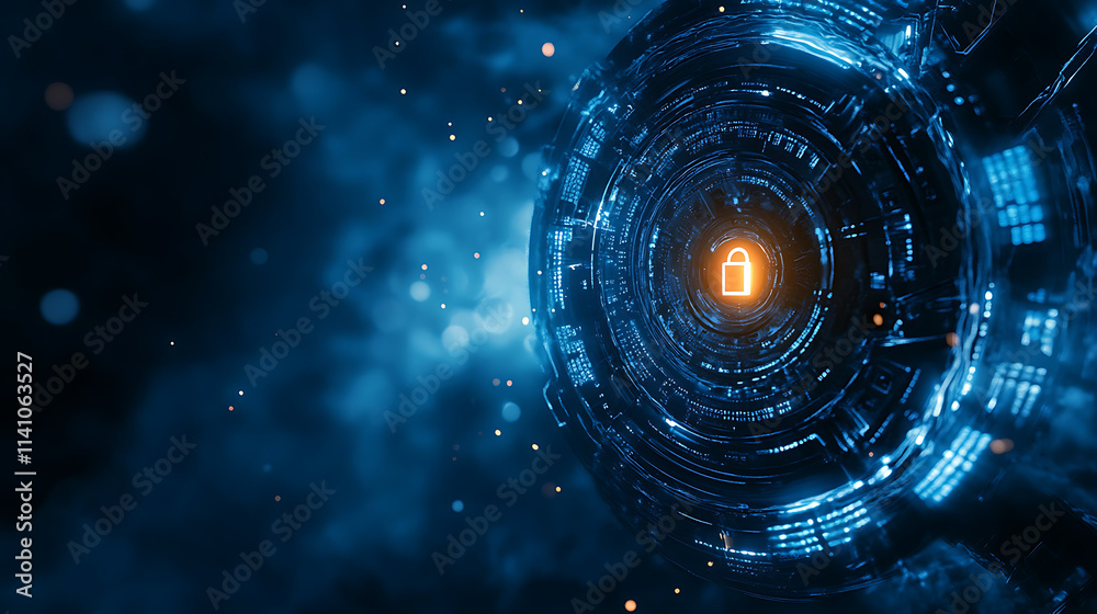 Poster a glowing digital lock on a dynamic, particle-filled blue background symbolizes cybersecurity