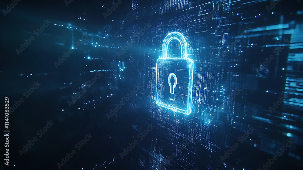 Poster a glowing digital lock on a dynamic, particle-filled blue background symbolizes cybersecurity