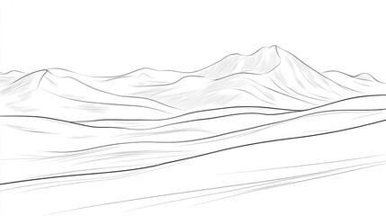 A minimalist line drawing of mountains and hills in a serene landscape.