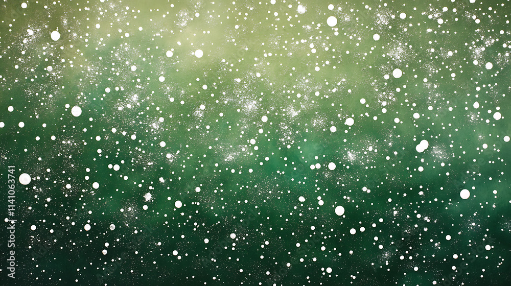 Poster A green background with small white dots of varying sizes scattered across the surface, creating an abstract snow effect