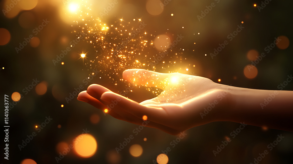 Poster A hand with glowing digital graphics floating above, symbolizing connectivity and innovation on a bokeh background, concept of technology