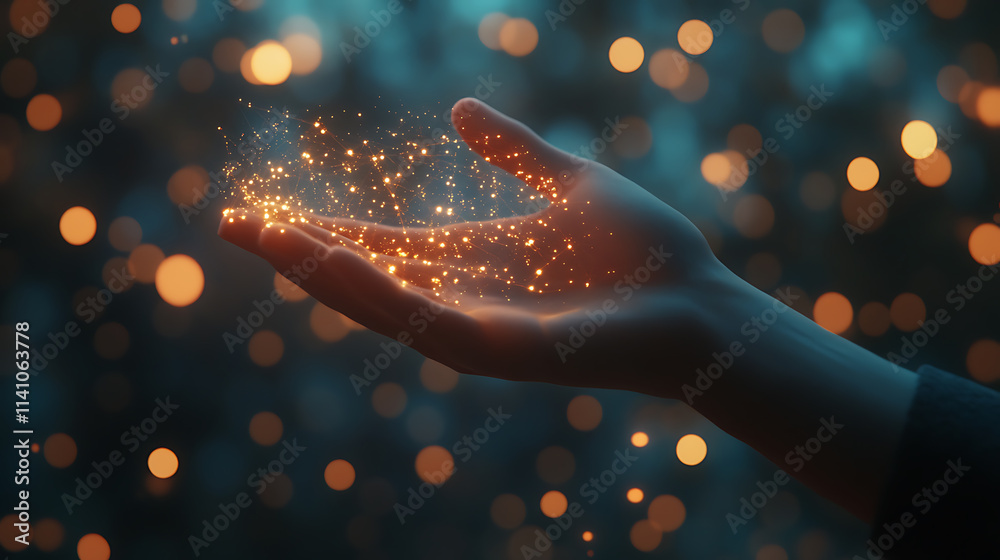 Poster A hand with glowing digital graphics floating above, symbolizing connectivity and innovation on a bokeh background, concept of technology