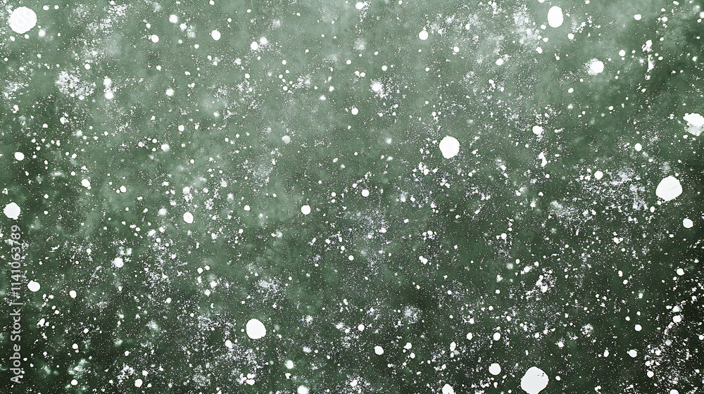 Poster A green background with small white dots of varying sizes scattered across the surface, creating an abstract snow effect