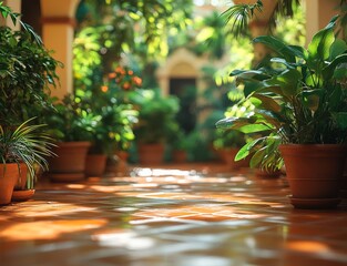 Terracotta Corridor with Plants in a tropical hotel