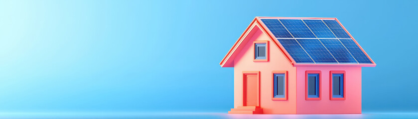 Fototapeta premium vibrant pink house with solar panels stands against blue background, showcasing modern eco friendly design