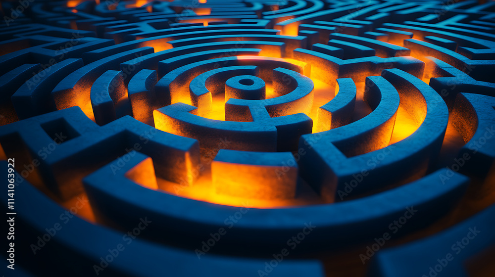 Poster A labyrinth maze with a glowing yellow path on a blue background suggesting a concept of problem solving, 3d rendering