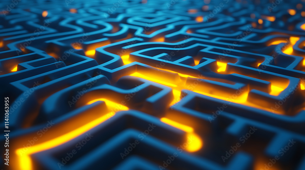 Poster A labyrinth maze with a glowing yellow path on a blue background suggesting a concept of problem solving, 3d rendering