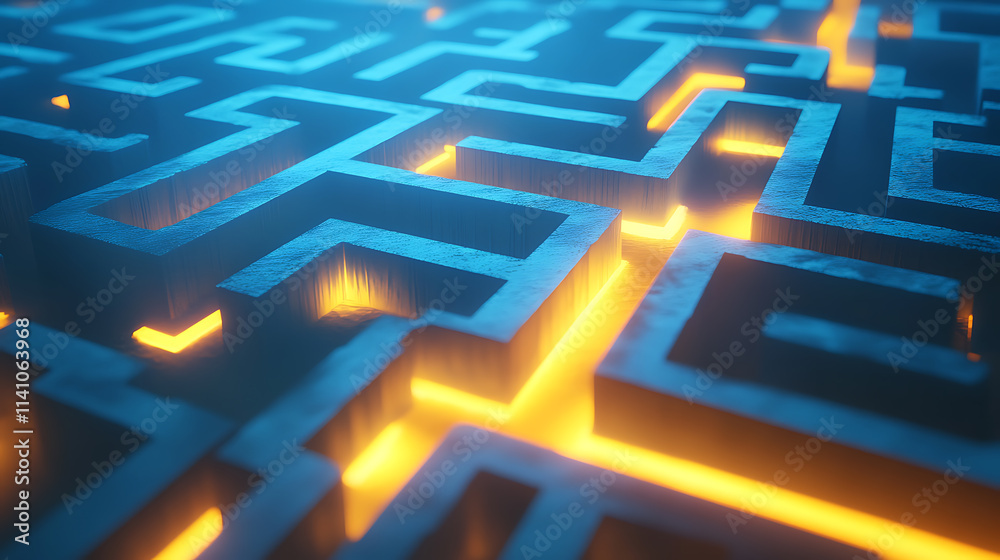 Poster A labyrinth maze with a glowing yellow path on a blue background suggesting a concept of problem solving, 3d rendering