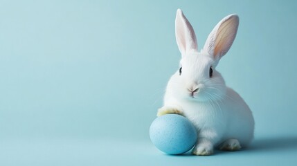 Obraz premium Adorable White Easter Bunny with a Light Blue Egg