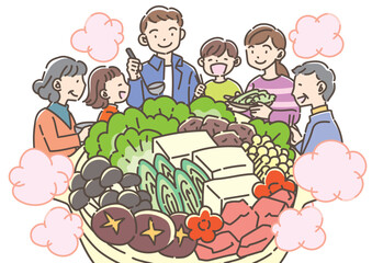 鍋料理を食べる家族