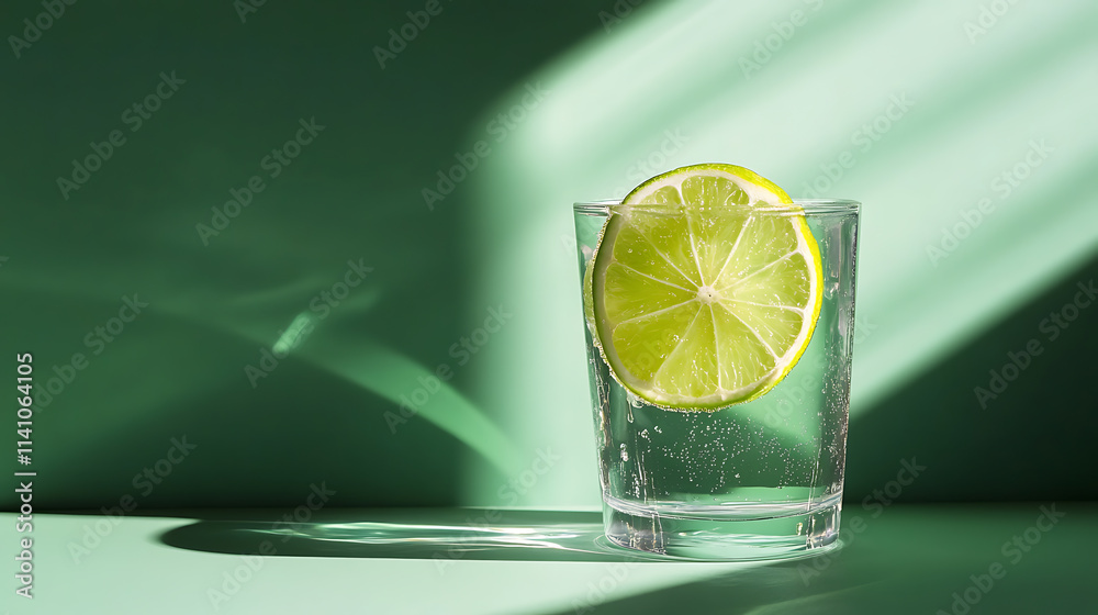 Poster a lime slice and a transparent cup with gin tonic set against a two-tone green background