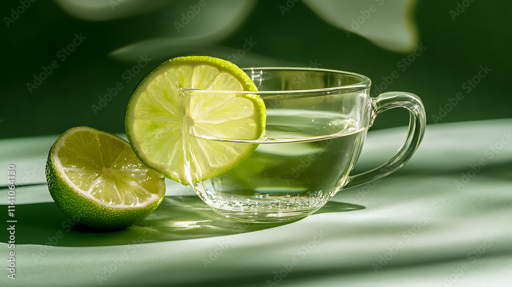Poster a lime slice and a transparent cup with gin tonic set against a two-tone green background