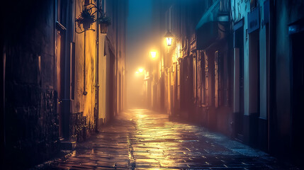 Obraz premium A misty urban alley at night, illuminated by street lights, showcasing a mysterious ambiance on a dark background