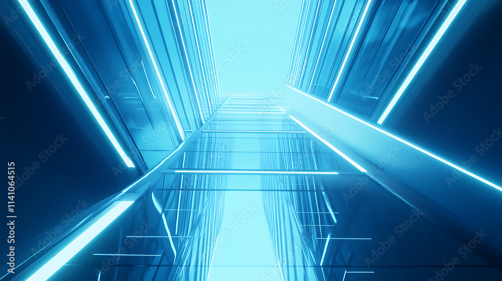 Poster a modern glass building with illuminated lines on a light blue background, architecture concept