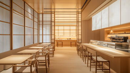 A modern interior of a cafe with wooden tables and chairs, and an empty wall for mockups on the right, light background
