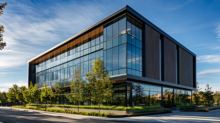 Obraz premium A modern office building with glass windows and trees outside, illuminated by sunlight against the blue sky