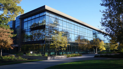 Obraz premium A modern office building with glass windows and trees outside, illuminated by sunlight against the blue sky