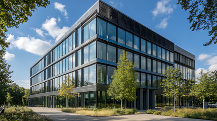 Obraz premium A modern office building with glass windows and trees outside, illuminated by sunlight against the blue sky