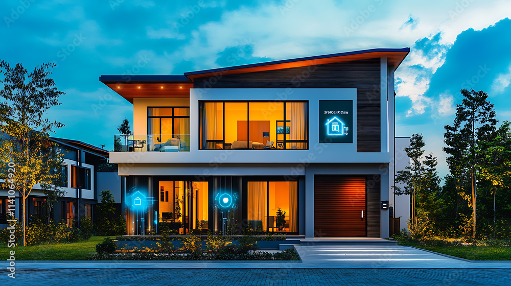 Poster modern house with a smart home security system is being protected, as shown by the padlock icon