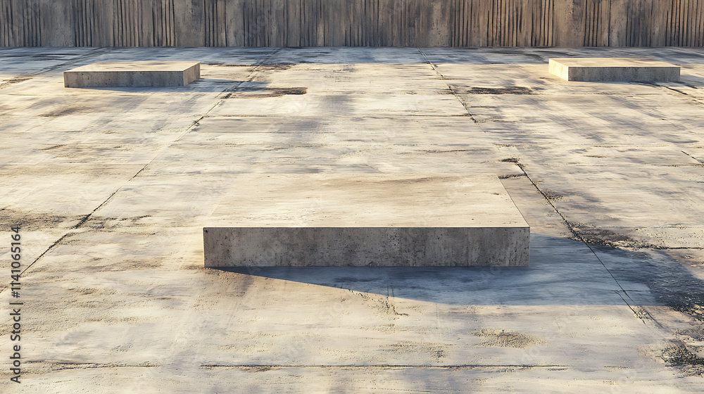 Poster a perspective view of a vacant concrete floor featuring a cement structure and an external wooden wa