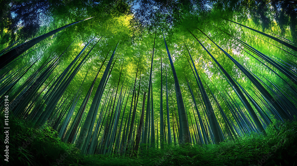 Aufkleber a panoramic view of the canopy from below, showcasing tall trees with lush green leaves that form an