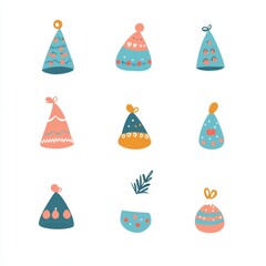 Isolated Santa hats in red with white fur, designed as a modern Christmas decoration