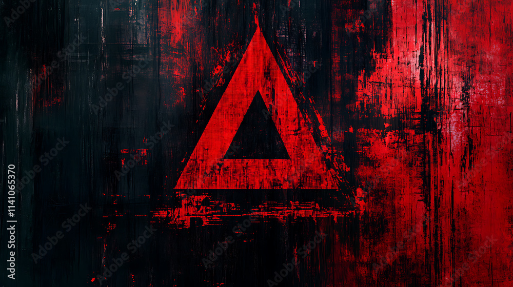 Poster A red exclamation mark on a digital screen background an abstract concept of security and cyber attack is depicted with a red triangle frame icon of a broken or attacked computer network