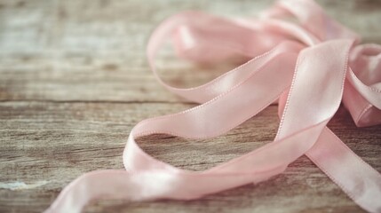 Delicate Pink Ribbon on Rustic Wooden Background