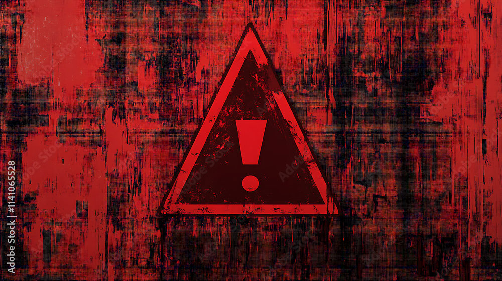 Poster A red exclamation mark on a digital screen background an abstract concept of security and cyber attack is depicted with a red triangle frame icon of a broken or attacked computer network