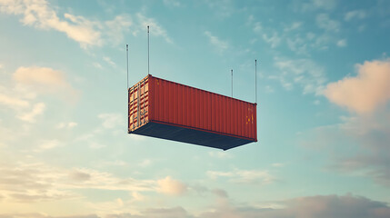 A shipping container is suspended in the air