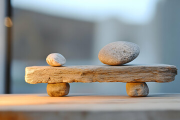 Balanced stones on wooden plank, zen garden concept.
