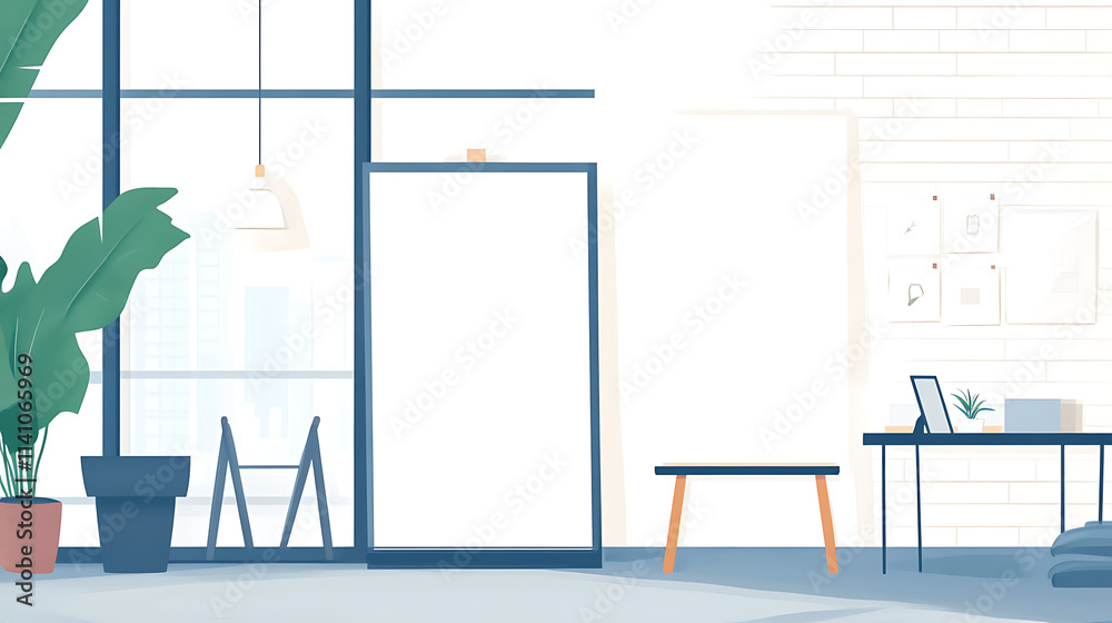Poster a spacious loft with a large window, white walls, and a blank canvas for presenting designs