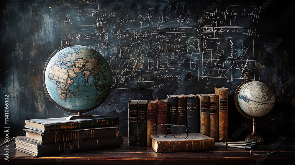 Leinwandbilder A stack of books with a globe in front of a chalkboard filled with mathematical equations, symbolizing the intersection of geography and mathematics