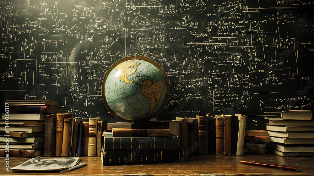 Aufkleber A stack of books with a globe in front of a chalkboard filled with mathematical equations, symbolizing the intersection of geography and mathematics