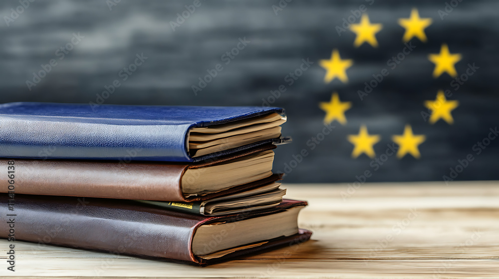 Poster A stack of documentation on a wooden table with written ai regulation, highlighting eu laws and policies aimed at ensuring ai safety and ethical standards in technology development