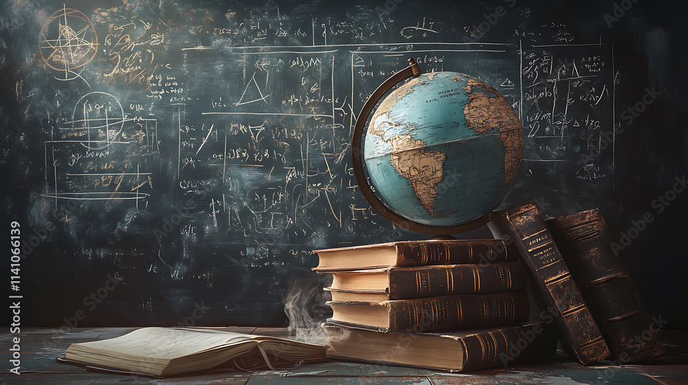 Aufkleber A stack of books with a globe in front of a chalkboard filled with mathematical equations, symbolizing the intersection of geography and mathematics