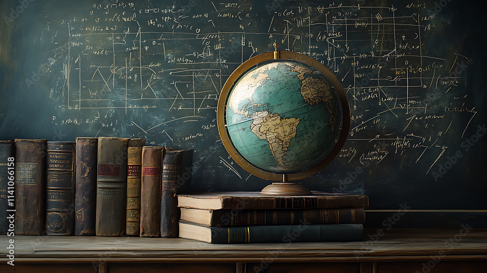 Aufkleber A stack of books with a globe in front of a chalkboard filled with mathematical equations, symbolizing the intersection of geography and mathematics
