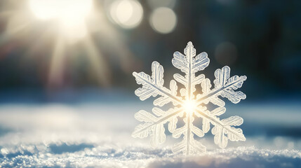 A single, intricate snowflake rests on a snowy surface, backlit by bright winter sun.