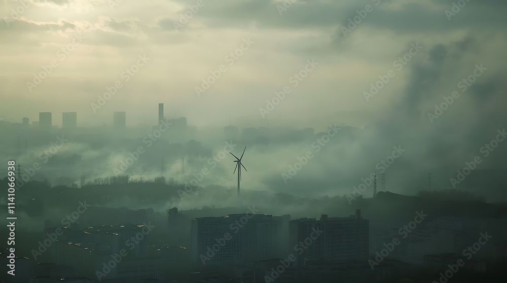 Poster a wind turbine farm against a backdrop of smog-filled skies, representing the transition to renewabl