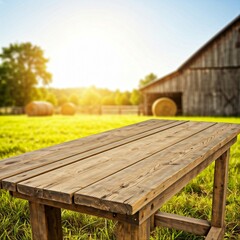 Fototapeta premium Wooden table with a farm background
