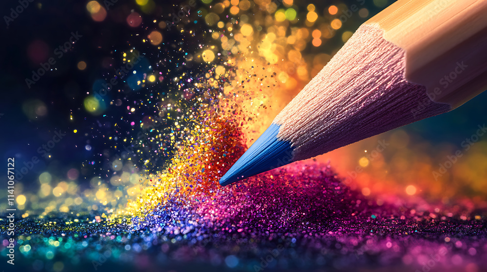 Aufkleber abstract art concept: vibrant colors and glitters exploding from a colored pencil, representing crea