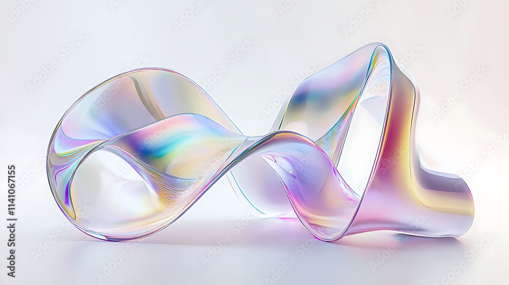 Aufkleber Abstract background iridescent glass ribbon, 3d rendering illustration of futuristic abstract background with holographic lines and curved shapes on white, abstract futuristic geometric shape gradient
