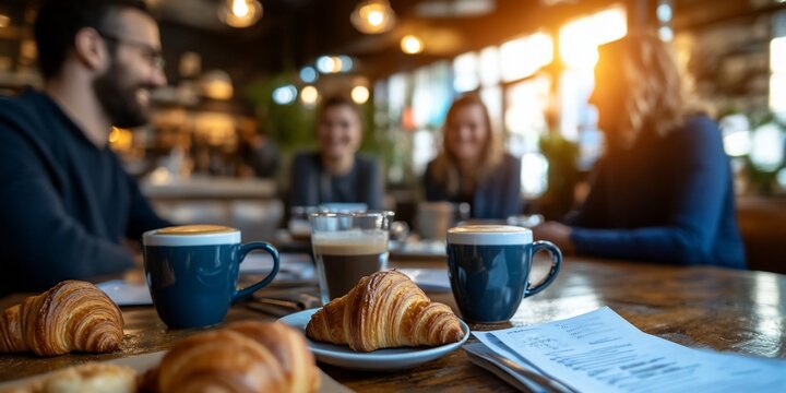 Friends enjoying coffee and croissants at a cafe.