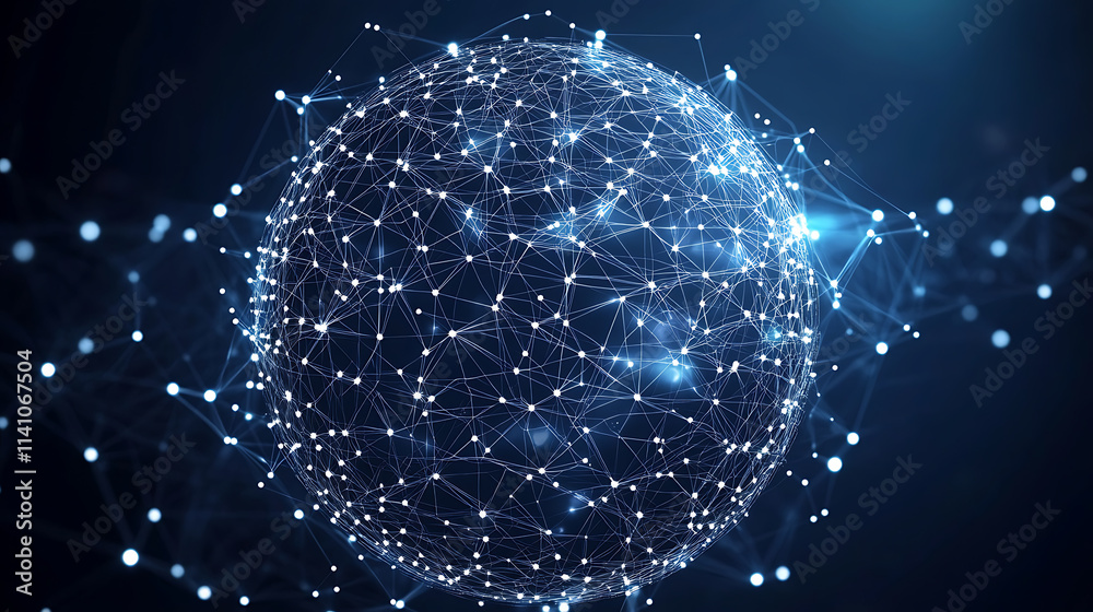 Poster Abstract black and white low poly network grid on sphere with dots and lines, technology background big data connection concept, digital wallpaper design