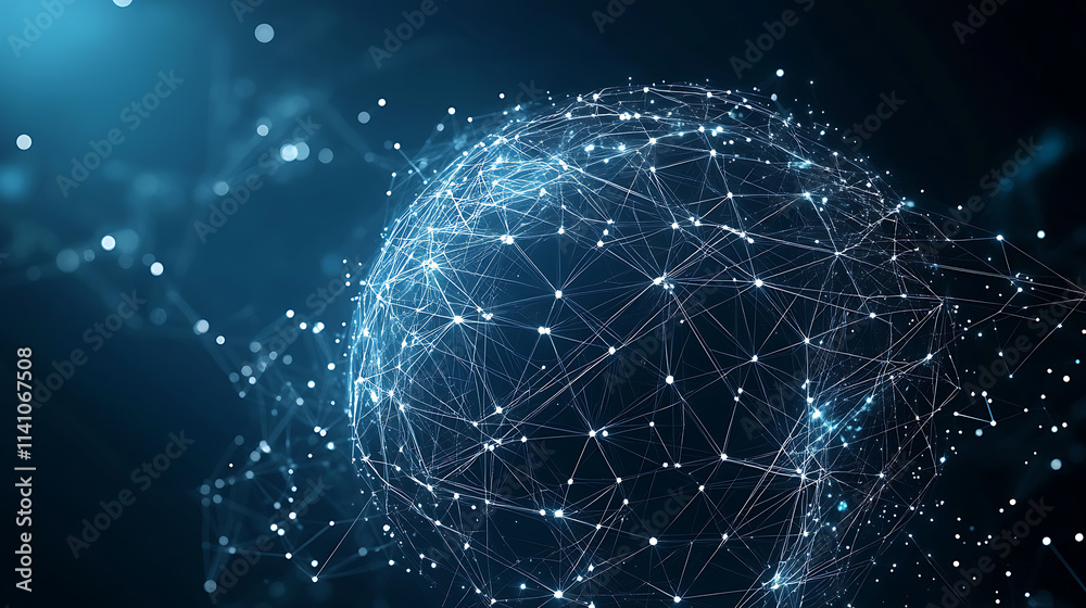 Poster Abstract black and white low poly network grid on sphere with dots and lines, technology background big data connection concept, digital wallpaper design