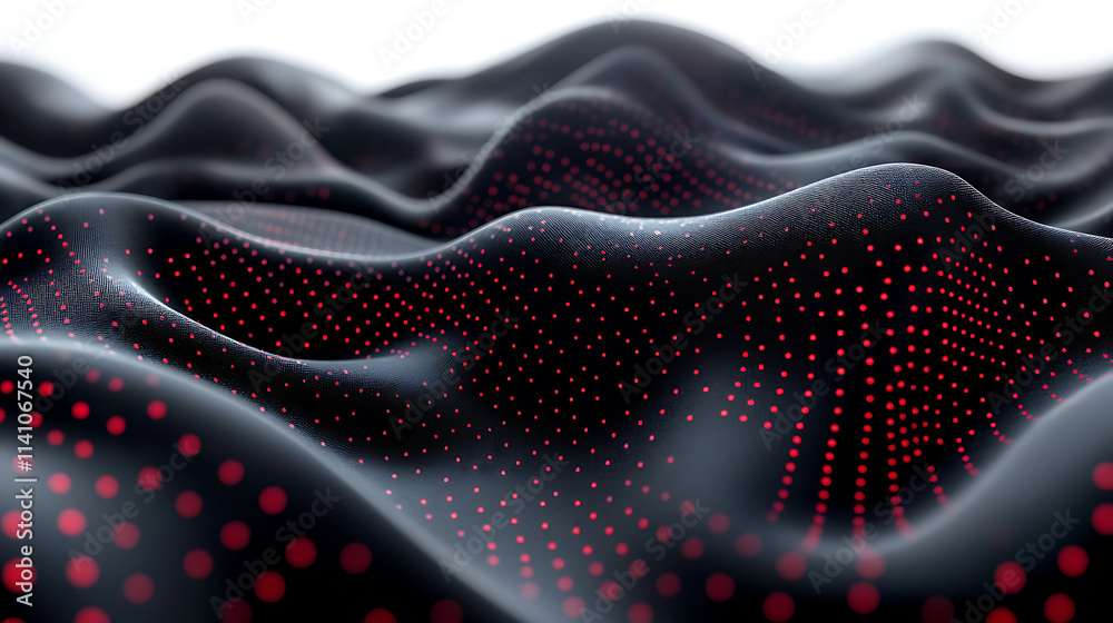 Poster Abstract black dark background with red dots and lines, creating a wave pattern on the surface of mountains, 3d rendering, white background, high resolution