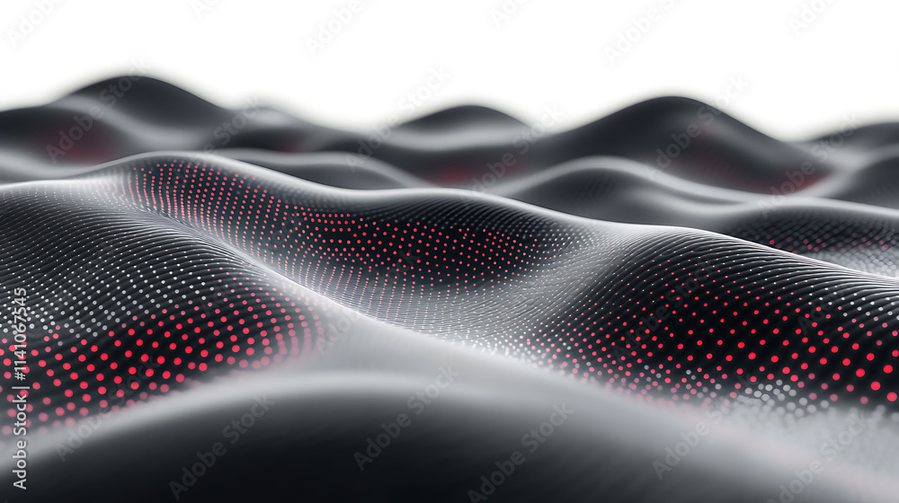 Aufkleber Abstract black dark background with red dots and lines, creating a wave pattern on the surface of mountains, 3d rendering, white background, high resolution