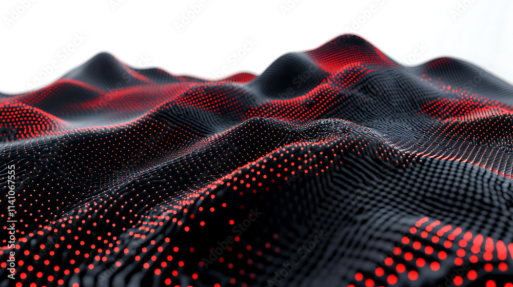 Poster Abstract black dark background with red dots and lines, creating a wave pattern on the surface of mountains, 3d rendering, white background, high resolution