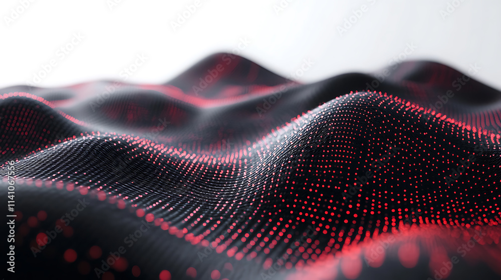 Poster Abstract black dark background with red dots and lines, creating a wave pattern on the surface of mountains, 3d rendering, white background, high resolution