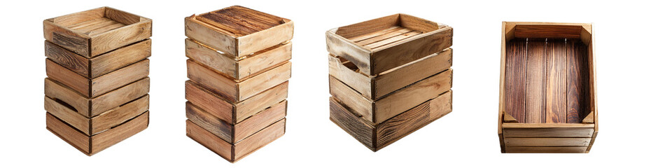 Stack of wooden storage crates in different perspectives isolated on transparent background